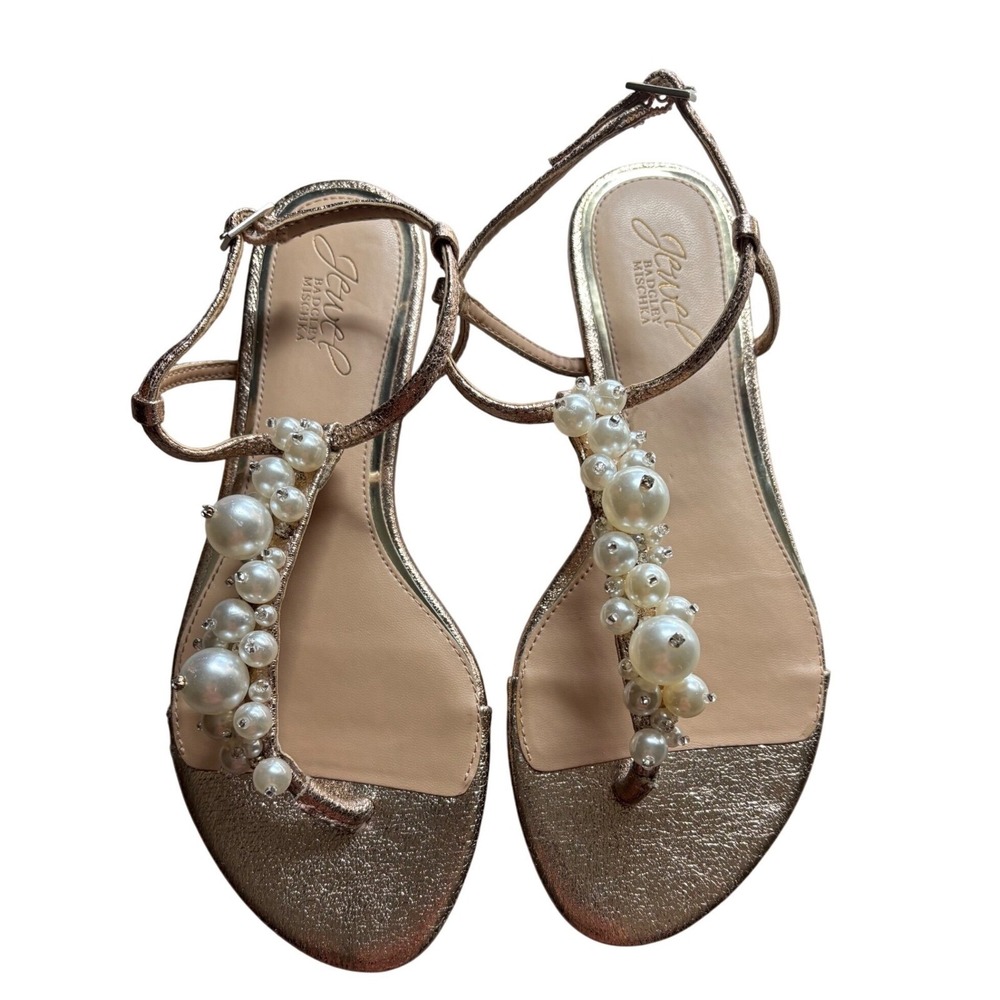 Jewel Badgley Mischka Womens 7 Pearl Crystal Metallic Gold Flat‎ Sandals Wedding